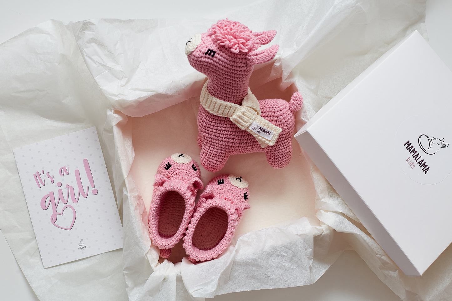It's a Girl Llama toy & booties gift box Pink