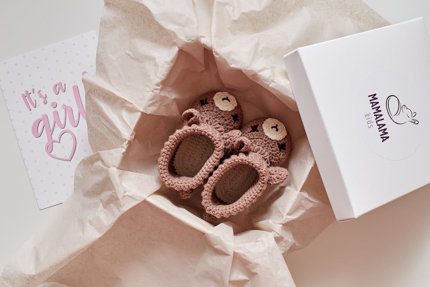 It's a Girl Llama booties gift box Brown