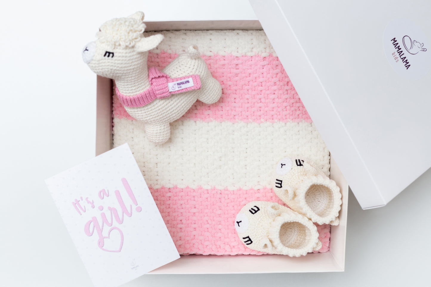 It's a Girl Llama toy & blanket & booties gift box Pink