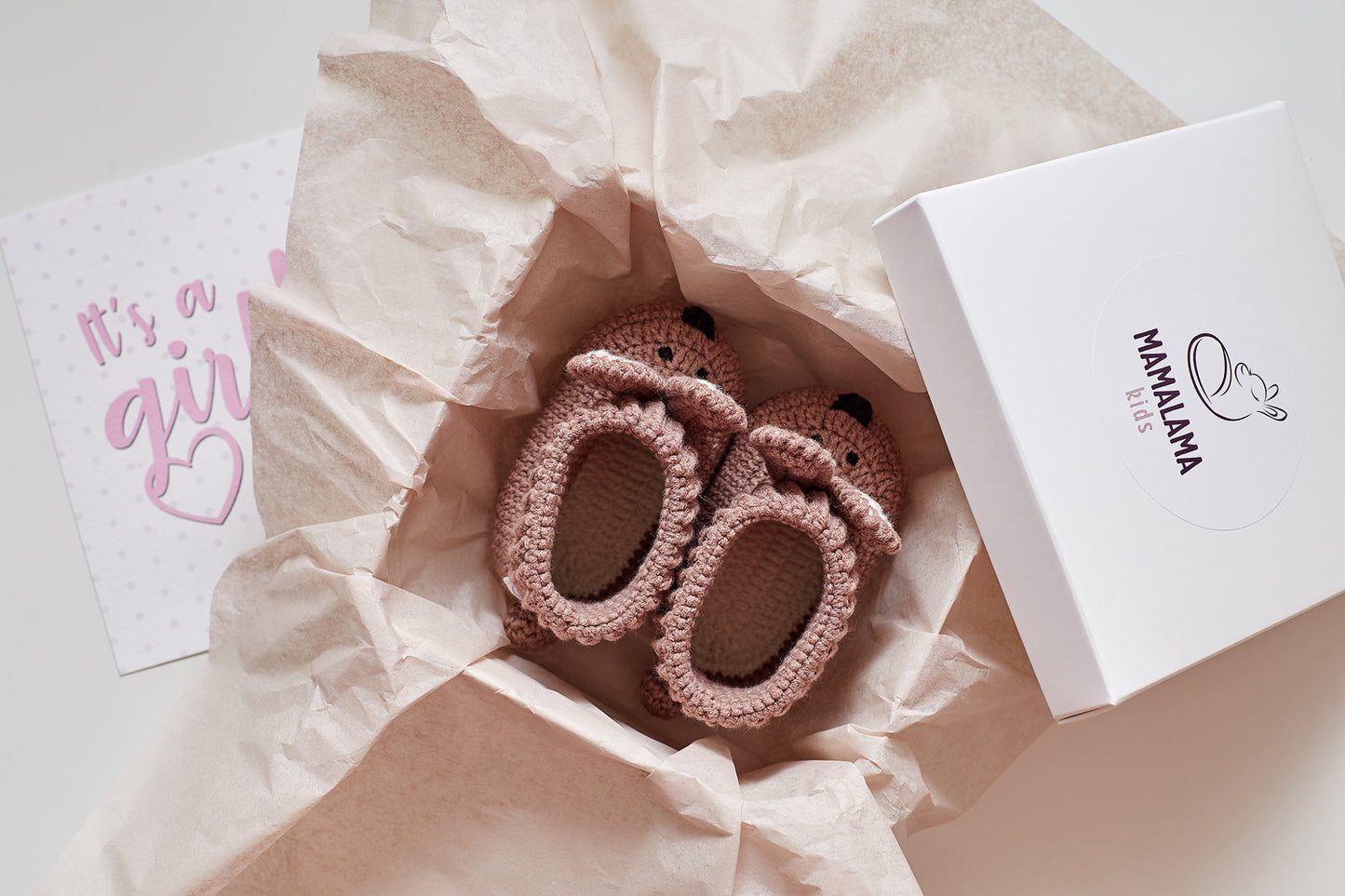 It's a Girl Bunny booties gift box Brown