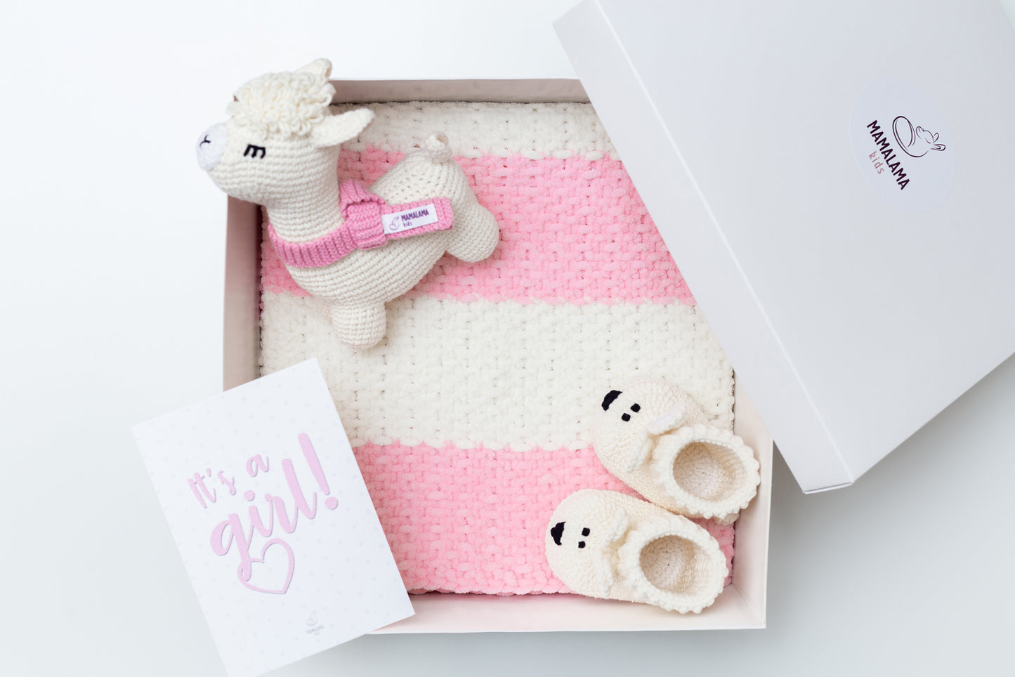 It's a Girl Llama toy & blanket & bunny booties gift box Pink