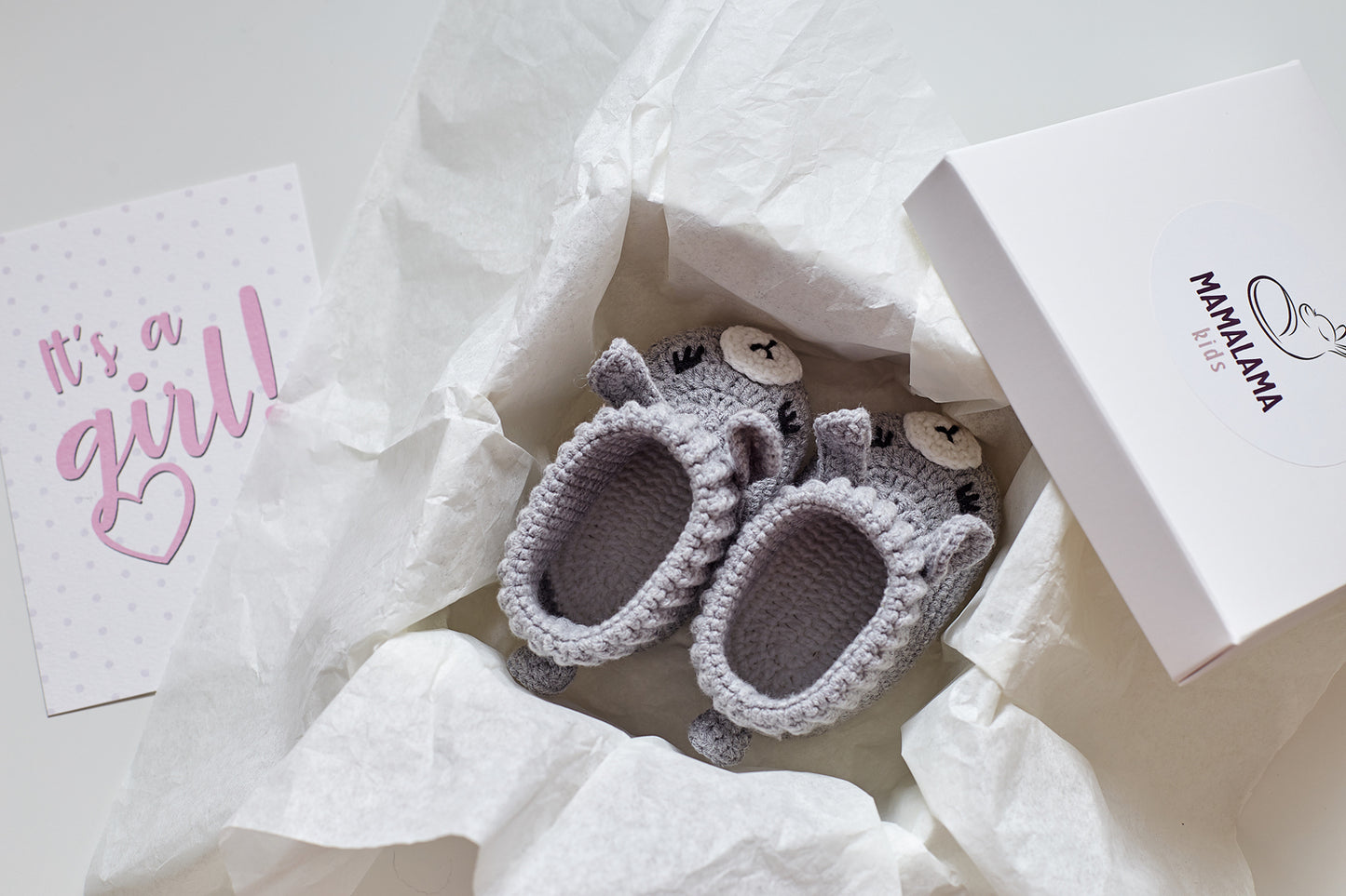 It's a Girl Llama booties gift box Gray