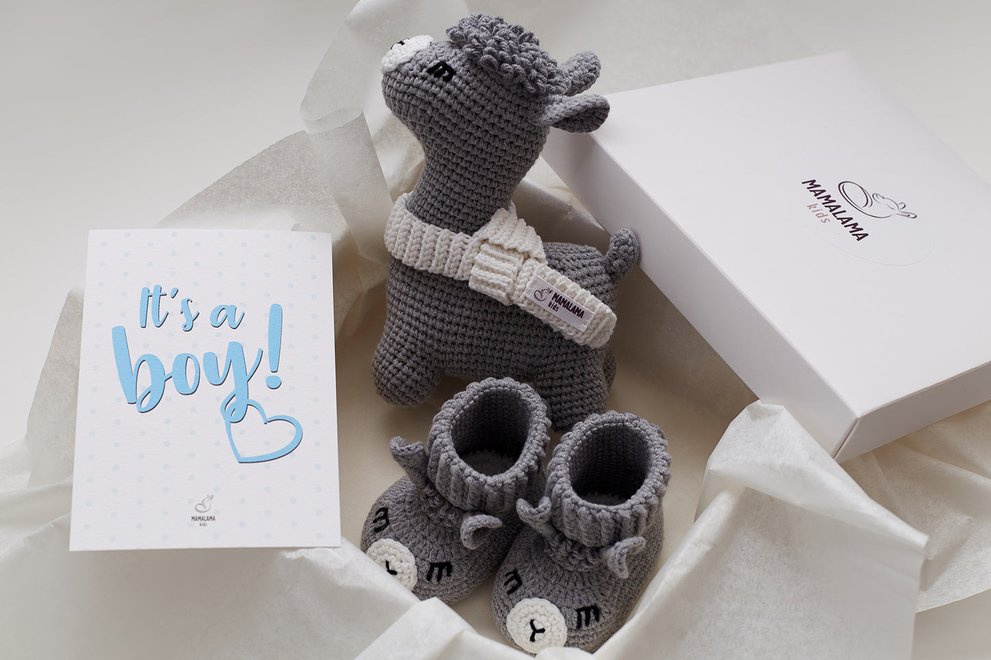 It's a Boy Llama toy & booties gift box Gray