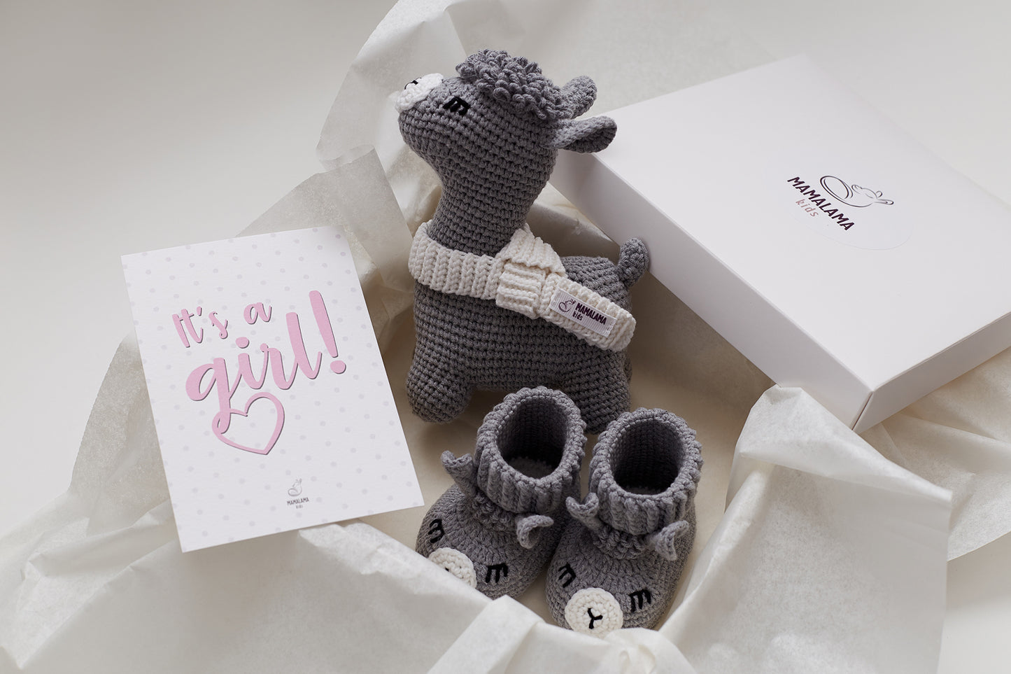 It's a Girl Llama toy & booties gift box Gray