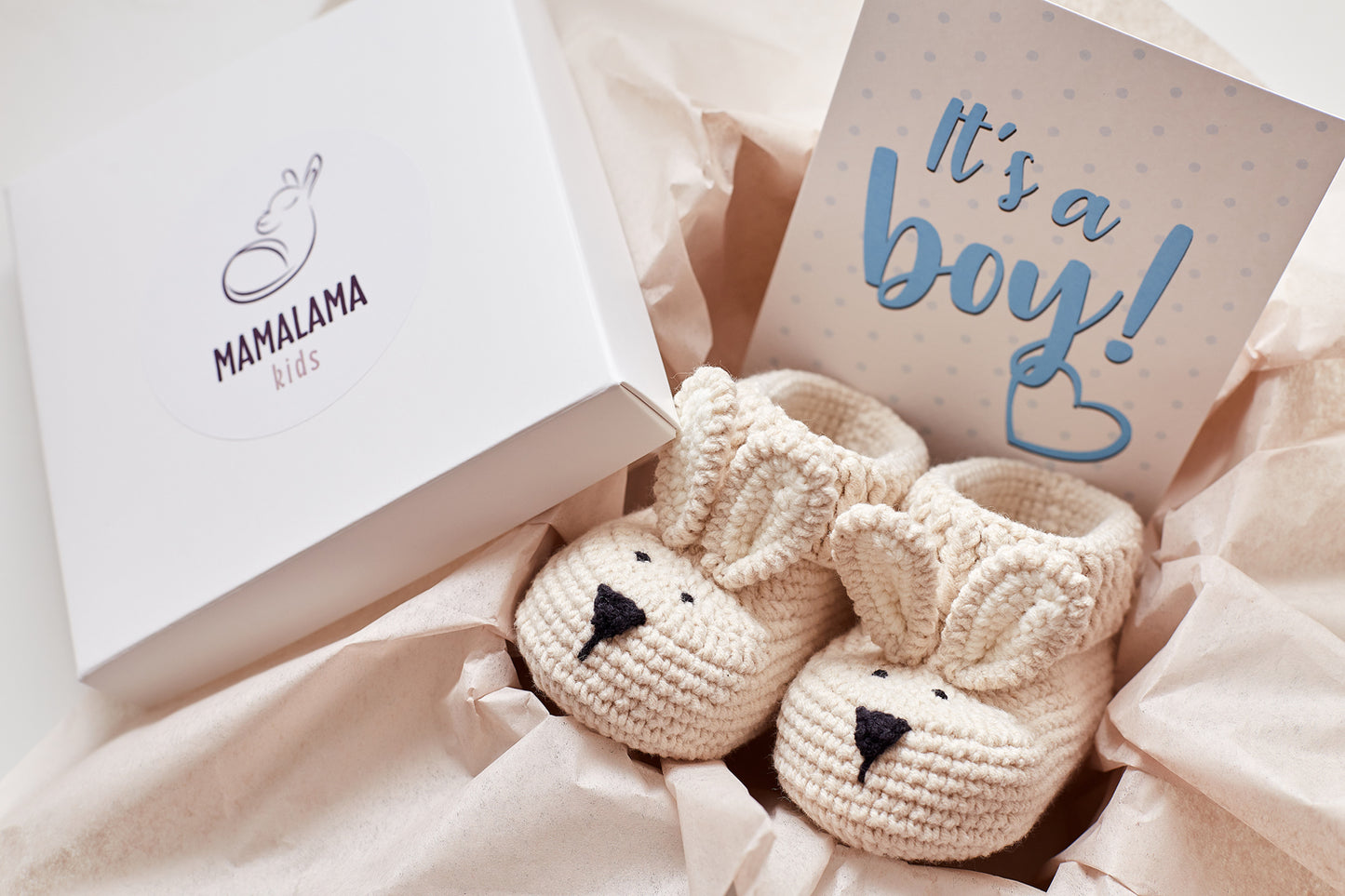 It's a Boy Bunny booties gift box Beige