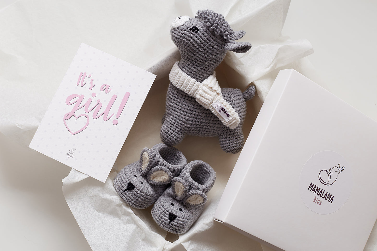 It's a Girl Llama toy & bunny booties gift box Gray