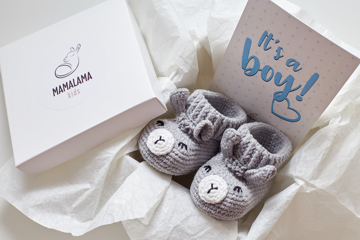 It's a Boy Llama booties gift box Gray