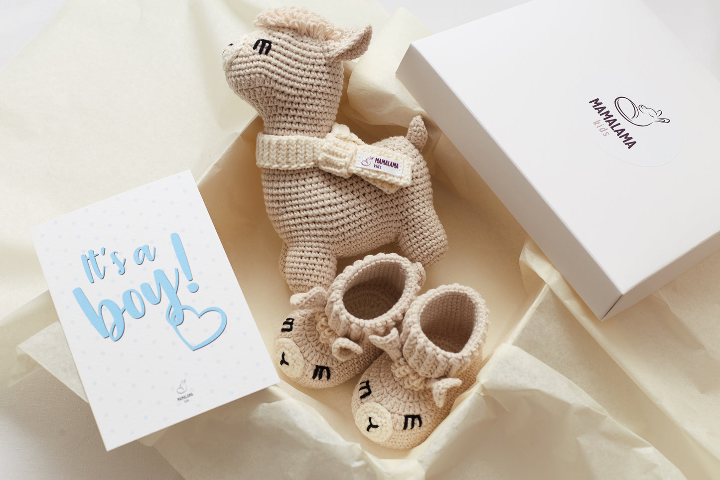 It's a Boy Llama toy & booties gift box Beige