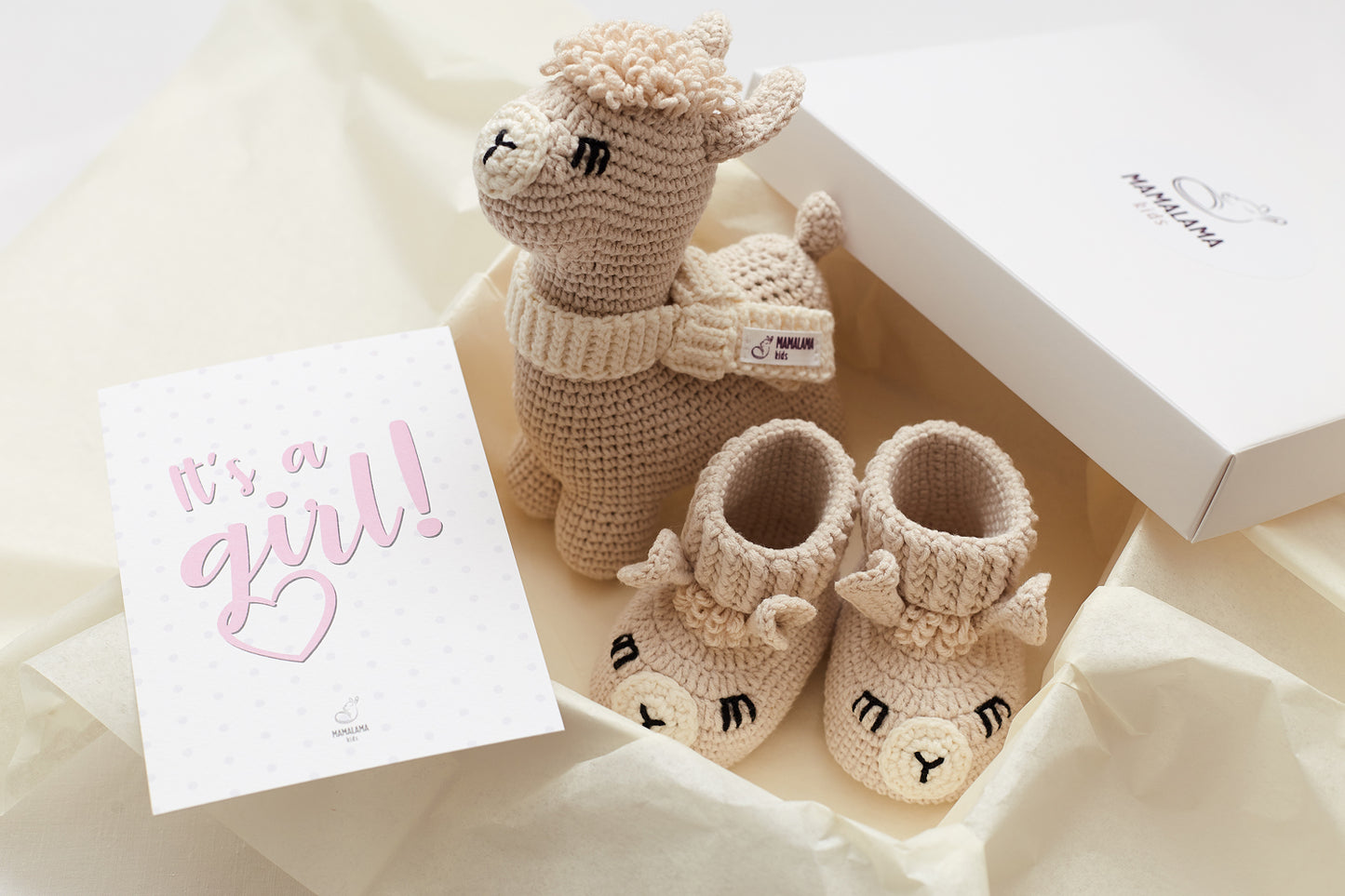 It's a Girl Llama toy & booties gift box Beige