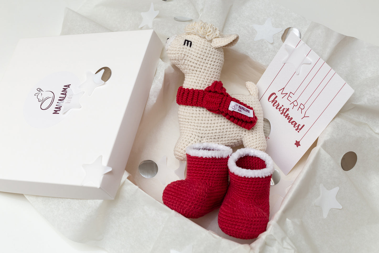 Christmas llama + baby Santa booties gift box