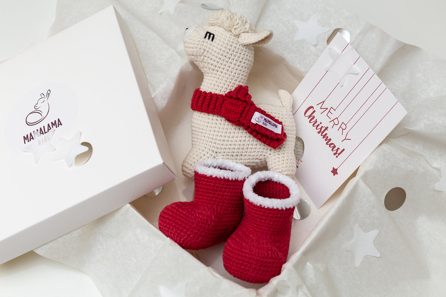 Christmas llama + baby Santa booties gift box