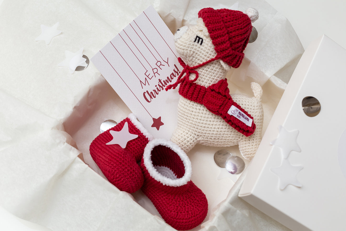 Christmas llama in a hat + baby Santa booties gift box (Copy)