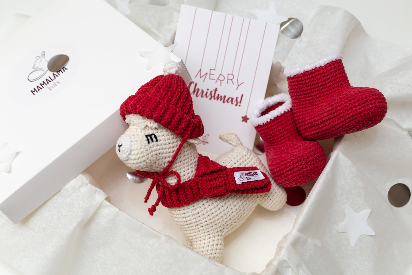 Christmas llama in a hat + baby Santa booties gift box (Copy)