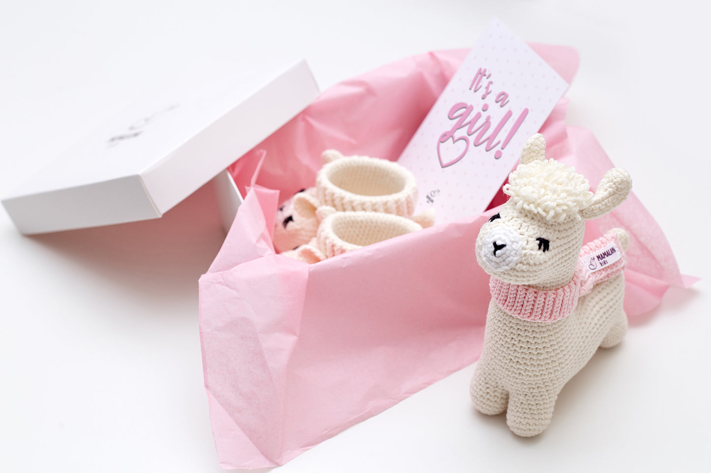 It's a Girl Llama toy & booties gift box Off white