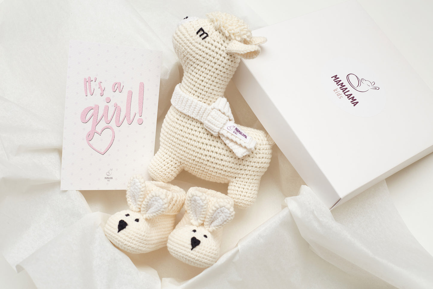 It's a Girl Llama toy & bunny booties gift box