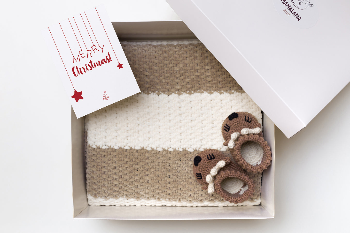 Christmas Baby blanket & deer booties gift box Brown