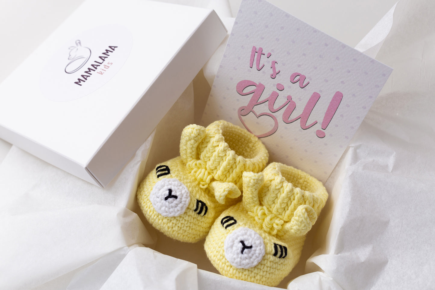 It's a Girl Llama booties gift box Yellow