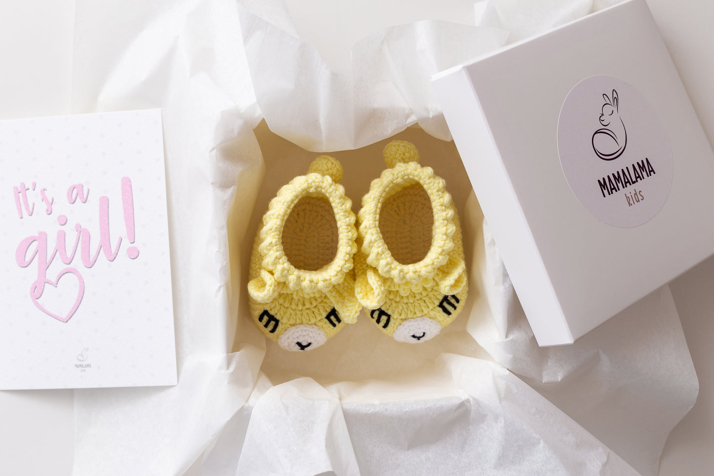 It's a Girl Llama booties gift box Yellow