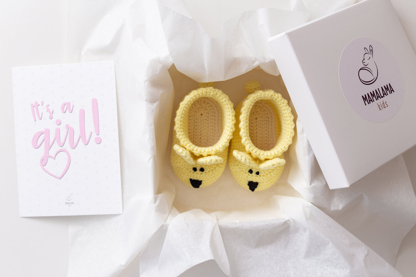 It's a Girl Bunny booties gift box Yellow