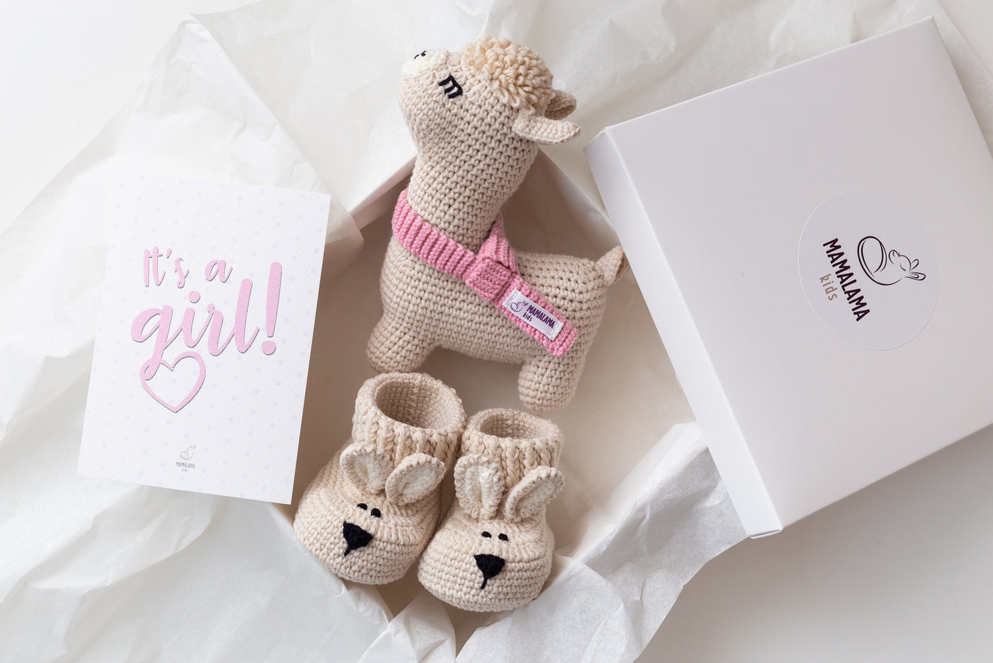 It's a Girl Llama toy & bunny booties gift box Beige