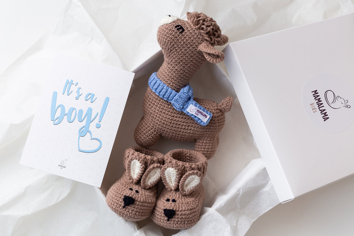 It's a Boy Llama toy & bunny booties gift box Brown