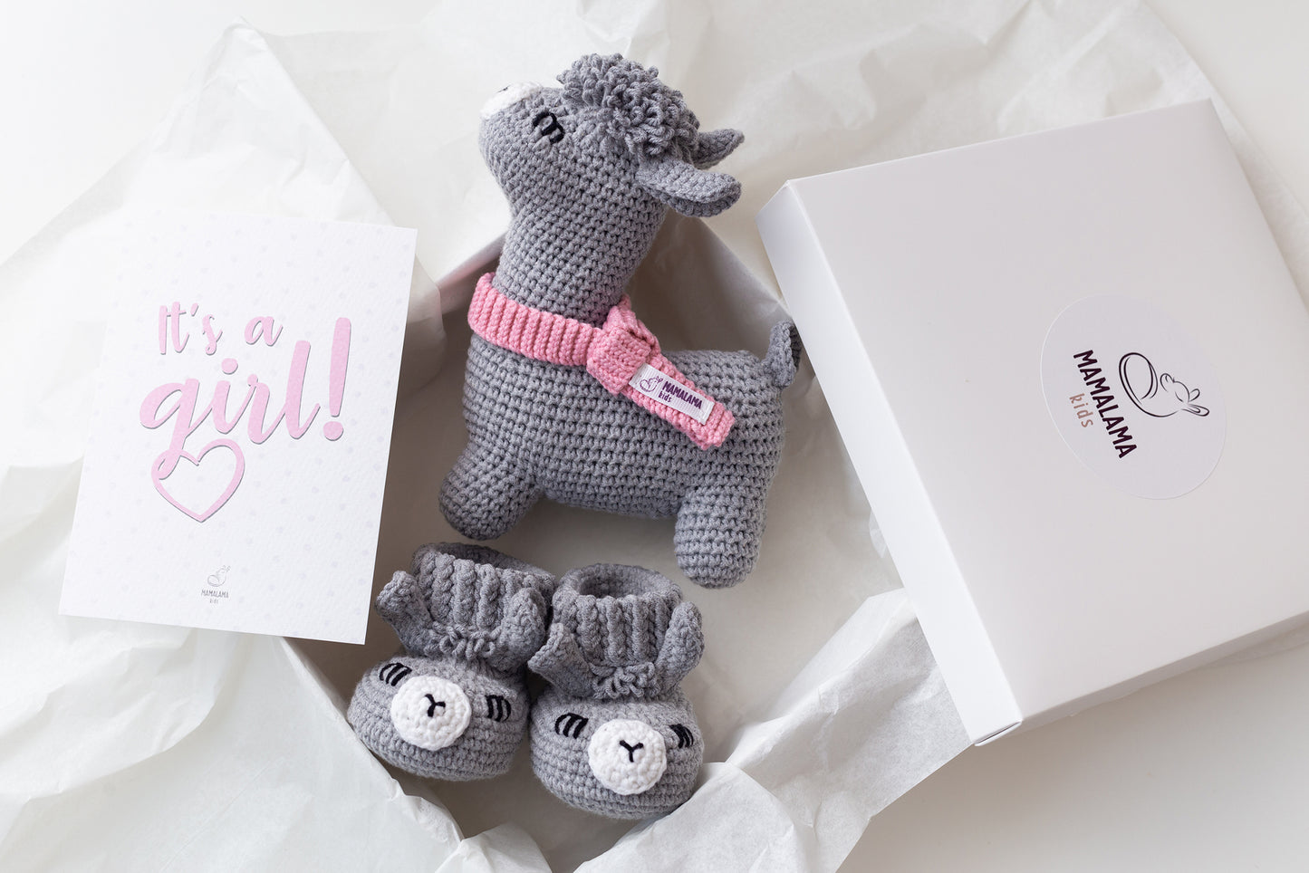 It's a Girl Llama toy & booties gift box Gray