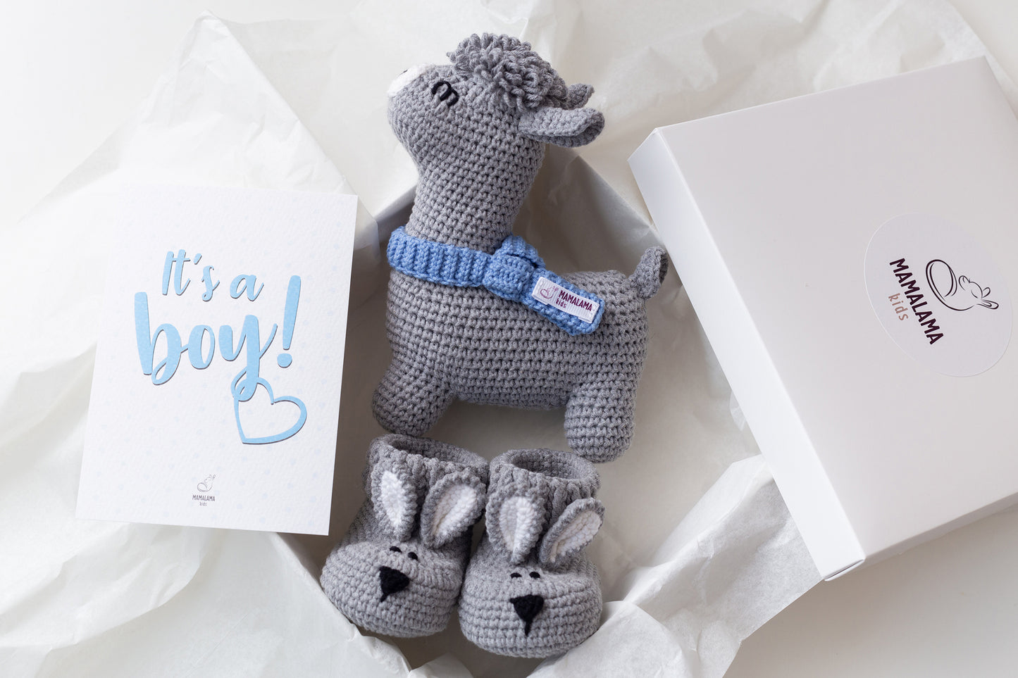 It's a Boy Llama toy & bunny booties gift box Gray