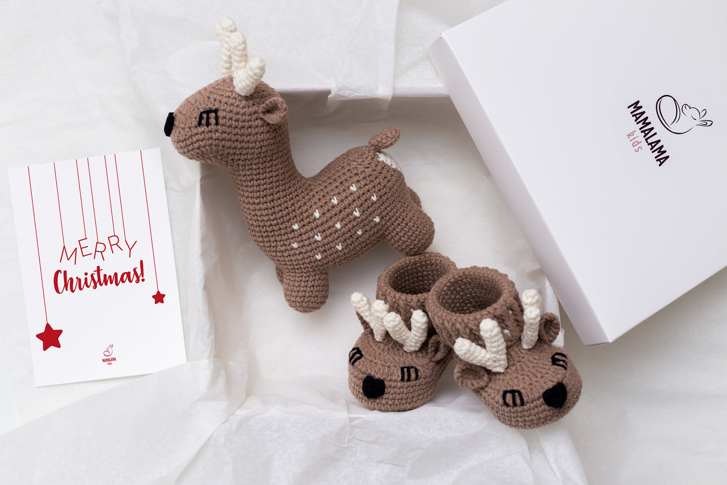 Christmas deer toy + baby booties gift box Brown