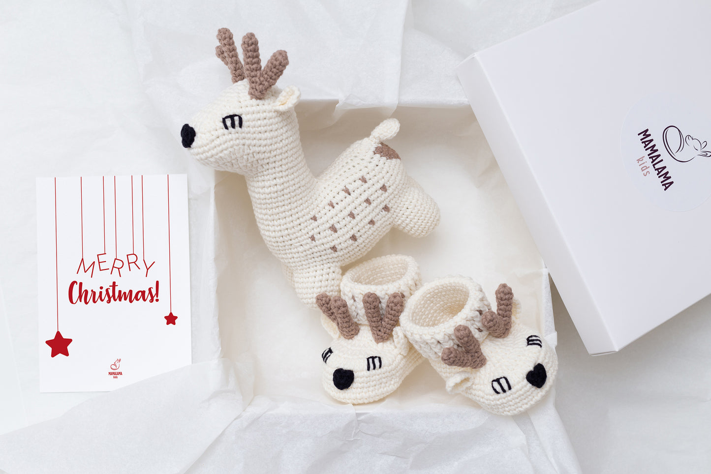 Christmas deer toy + baby booties gift box Off white