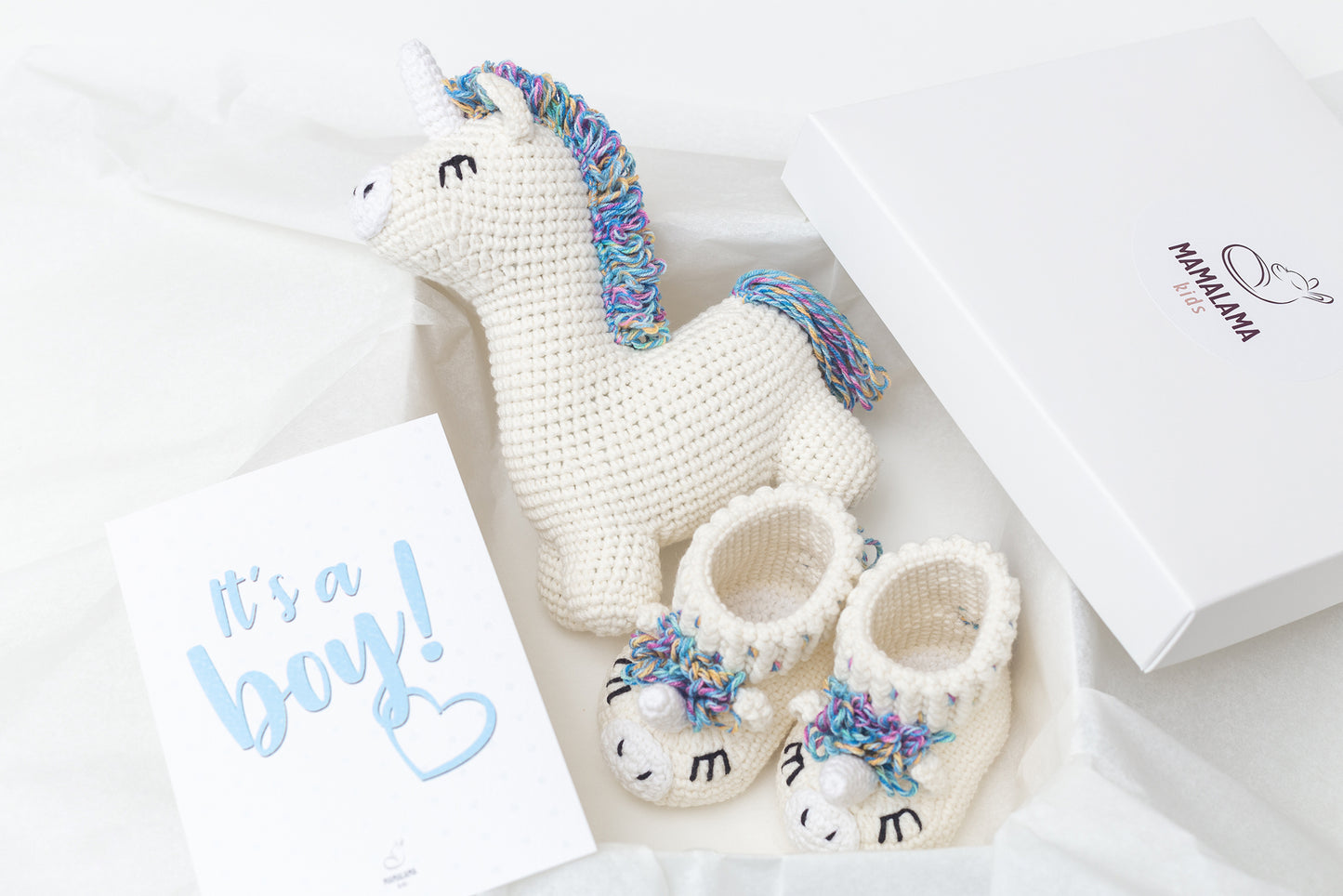 It's a Boy Unicorn toy & booties gift box