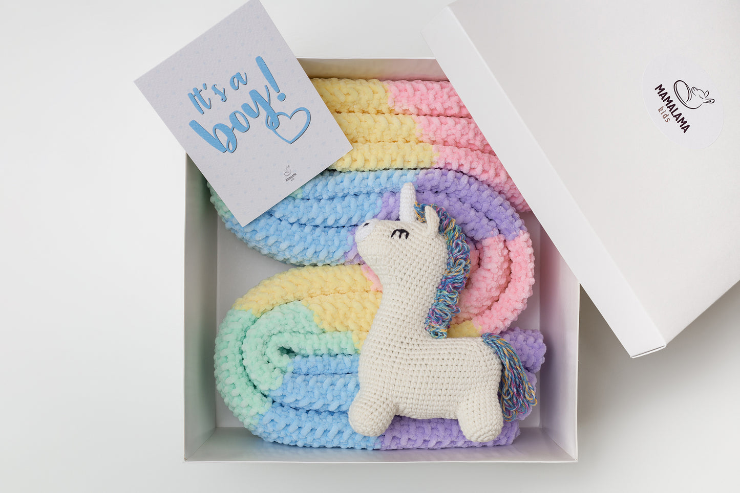 It's a Boy Unicorn toy & blanket gift box Rainbow