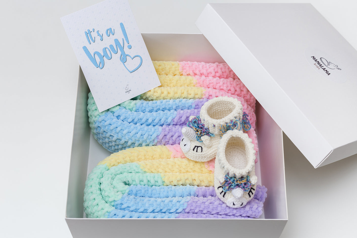 It's a Boy Baby blanket & unicorn booties gift box Rainbow
