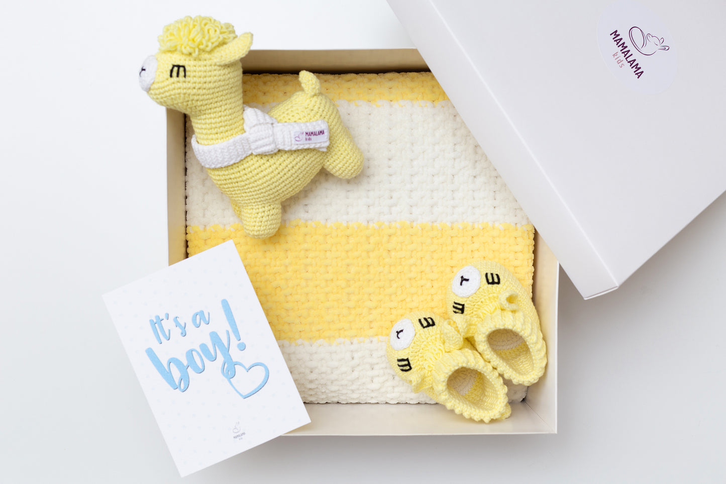 It's a Boy Llama toy & blanket & booties gift box Yellow