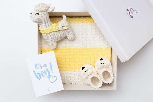 It's a Boy Llama toy & blanket & bunny booties gift box Yellow