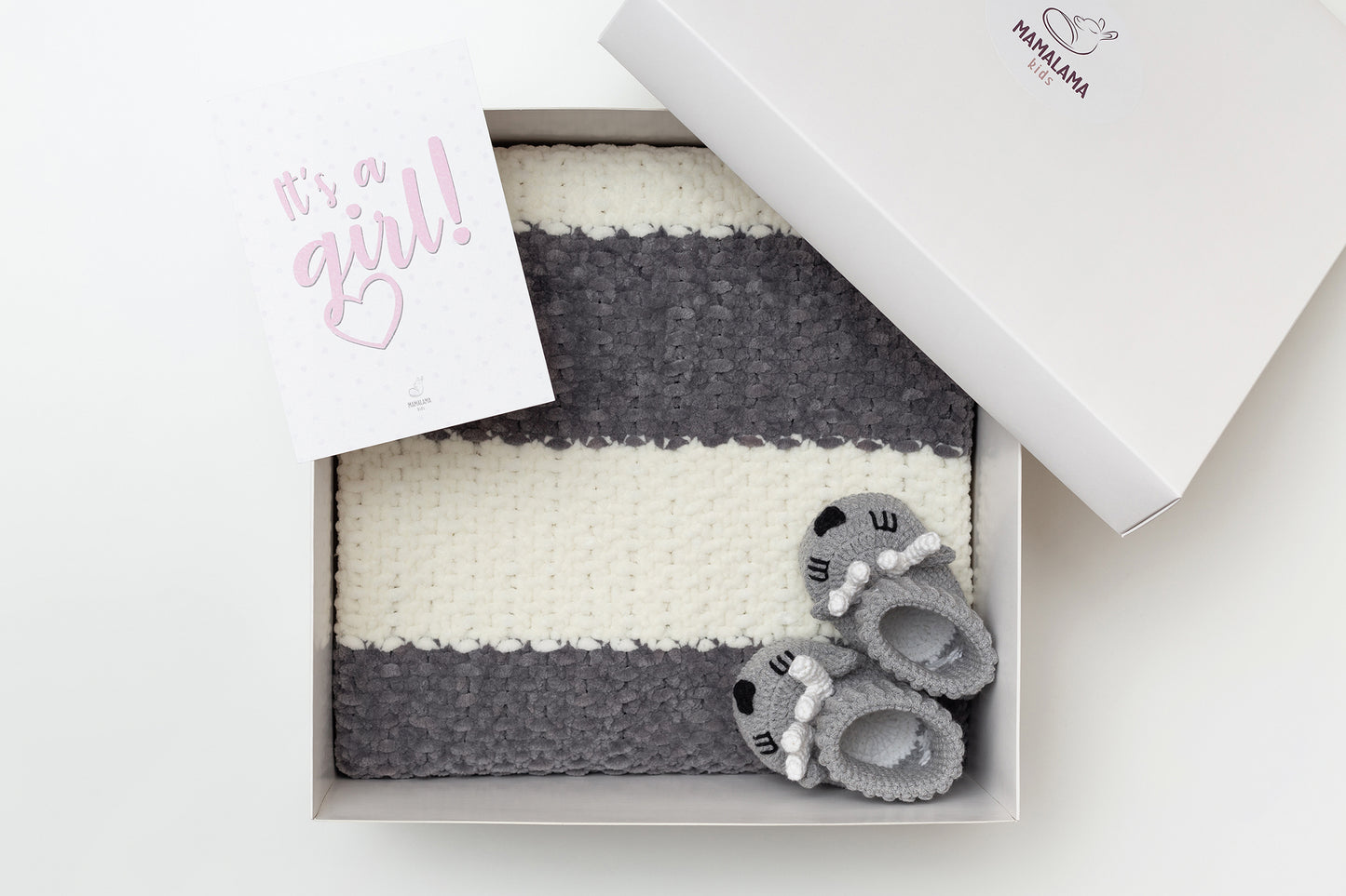 It's a Girl Baby blanket & deer booties gift box Gray