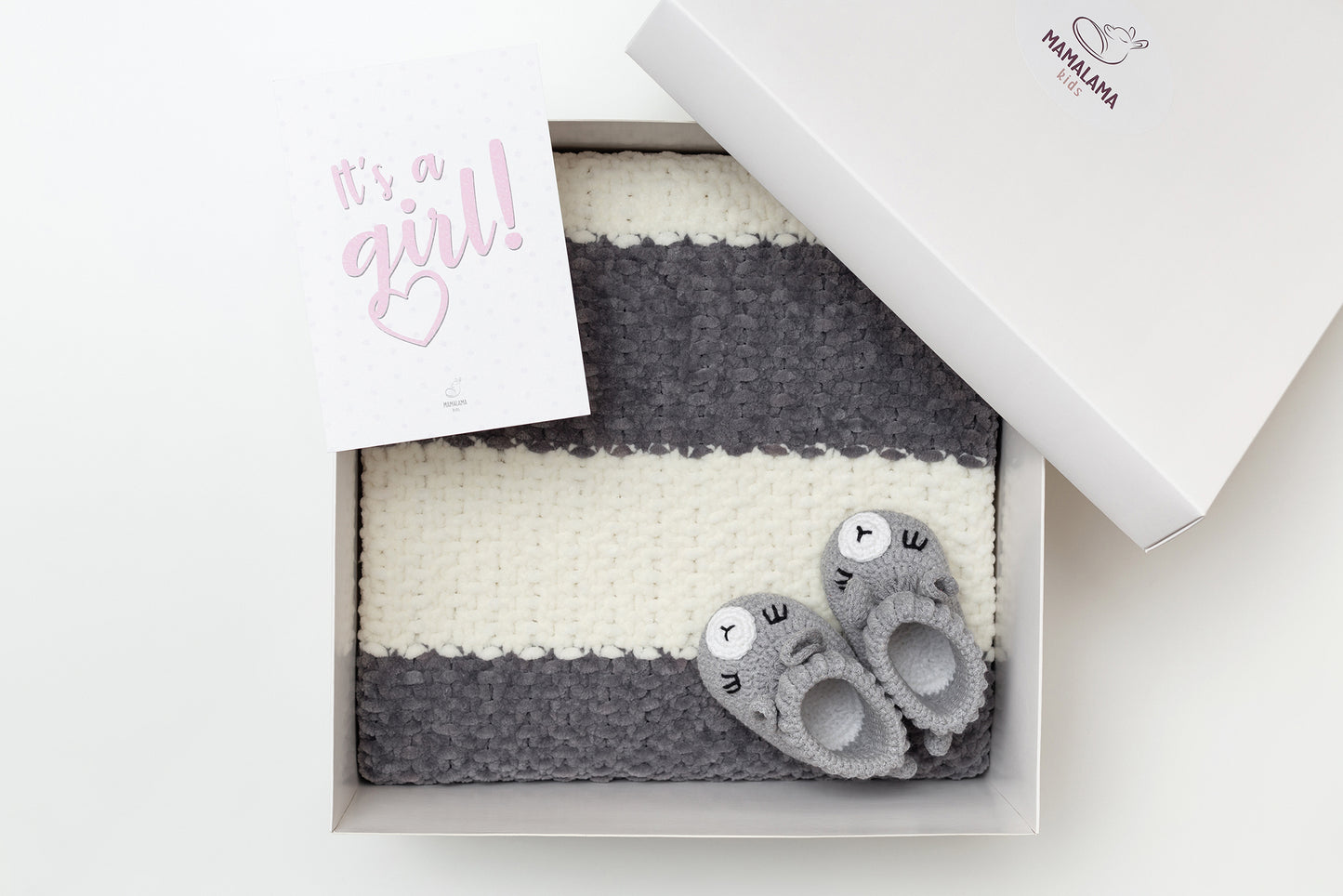 It's a Girl Baby blanket & llama booties gift box Gray Gray