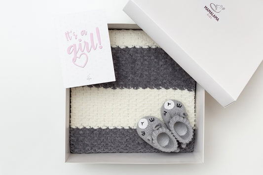 It's a Girl Baby blanket & llama booties gift box Gray Gray