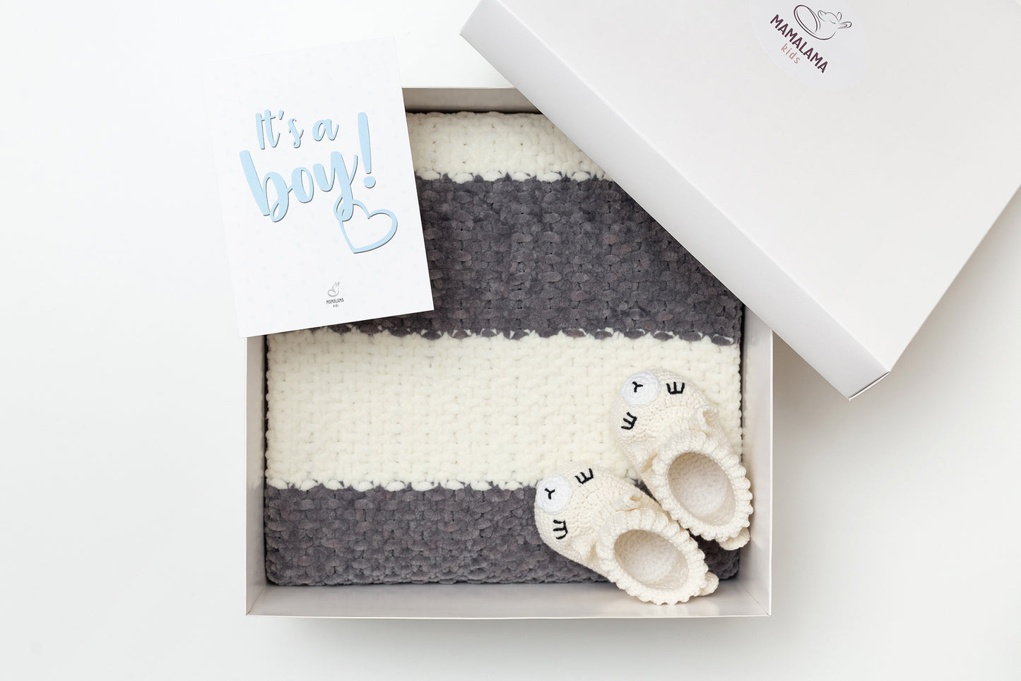 It's a Boy Baby blanket & llama booties gift box Gray