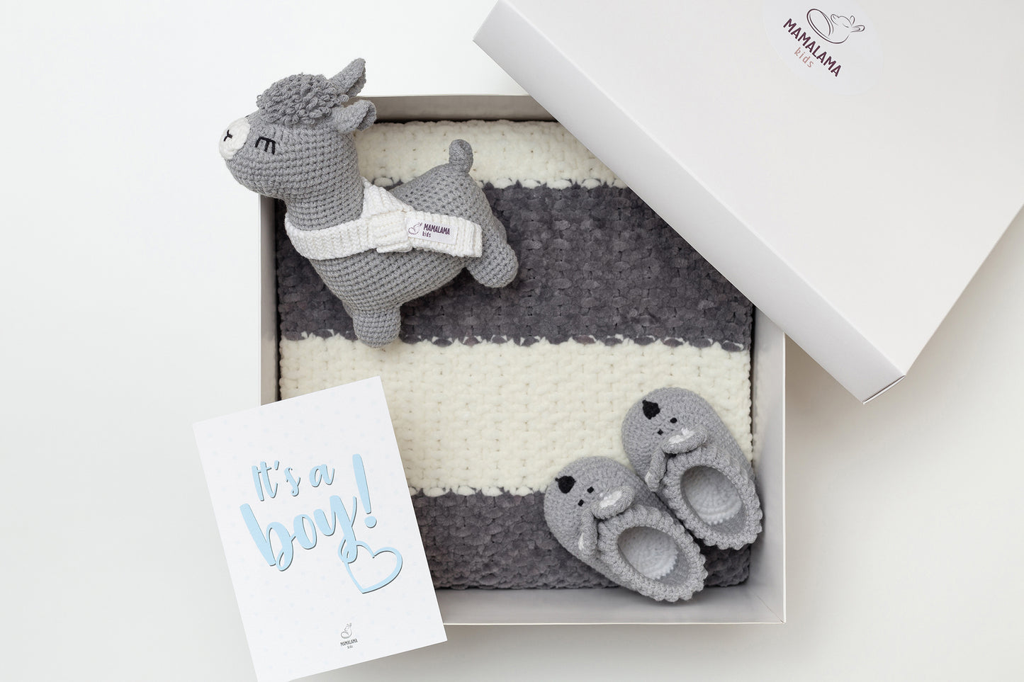 It's a Boy Llama toy & blanket & bunny booties gift box Gray