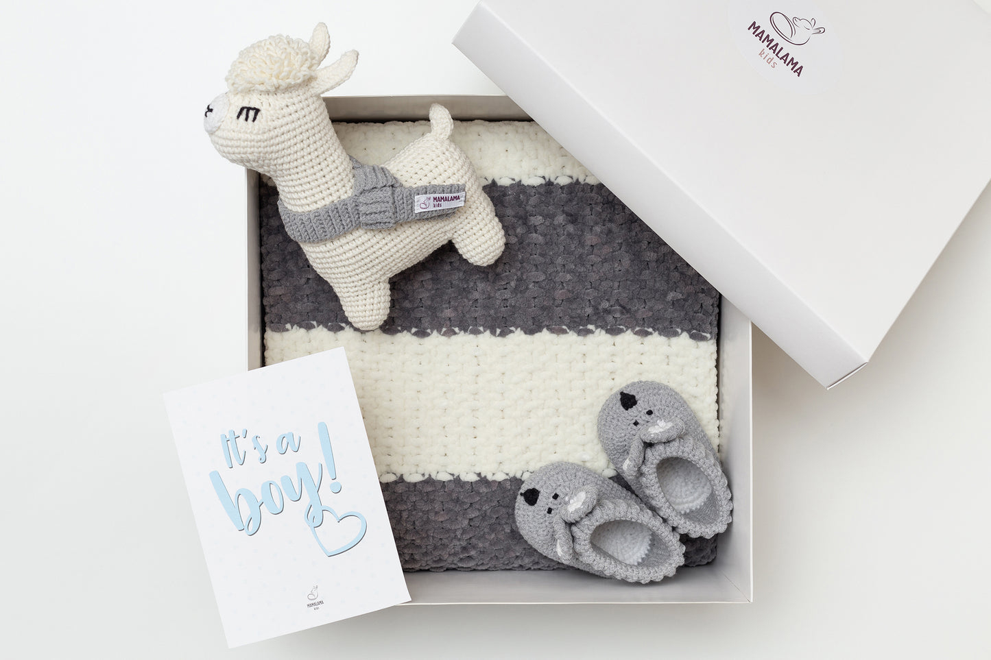 It's a Boy Llama toy & blanket & bunny booties gift box Gray