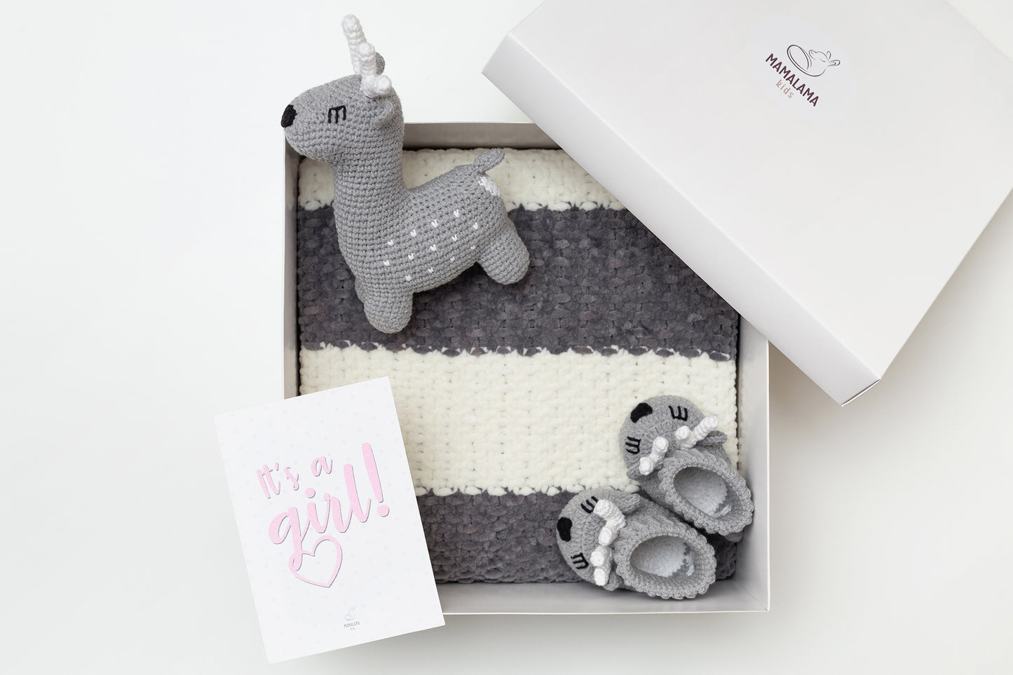 It's a Girl Deer toy & blanket & booties gift box Gray