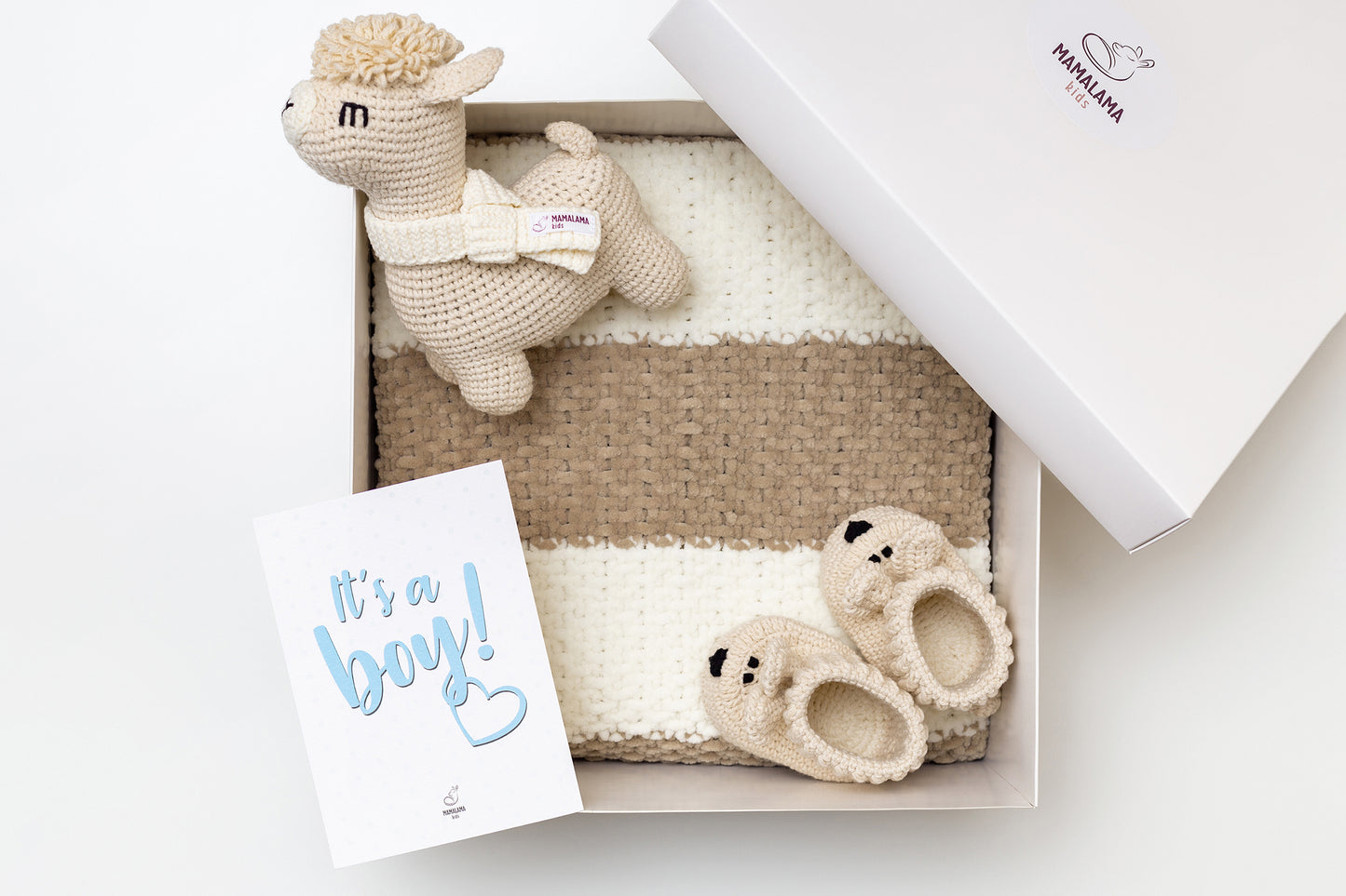 It's a Boy Llama toy & blanket & bunny booties gift box Beige