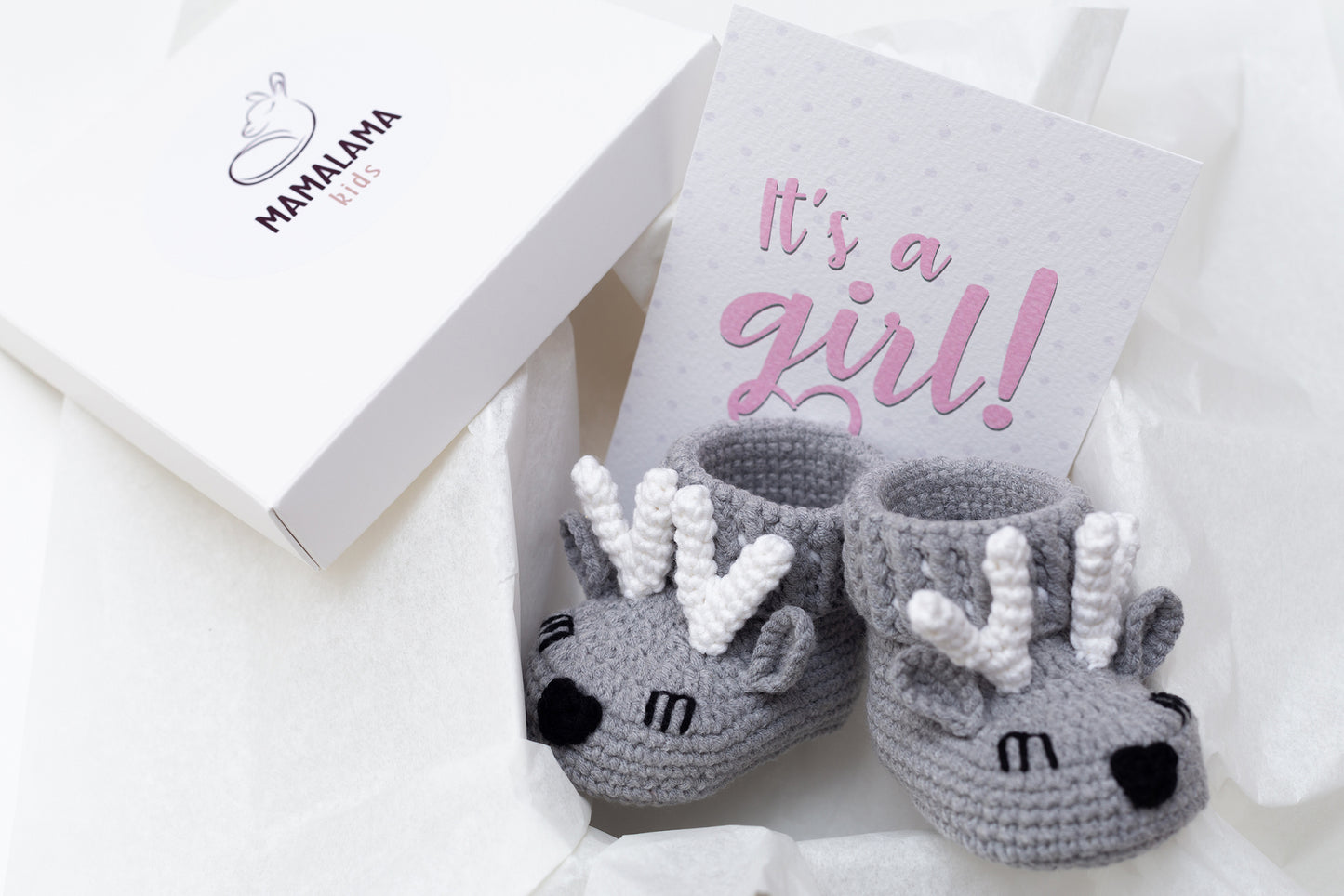 It's a girl deer booties baby gift box Gray
