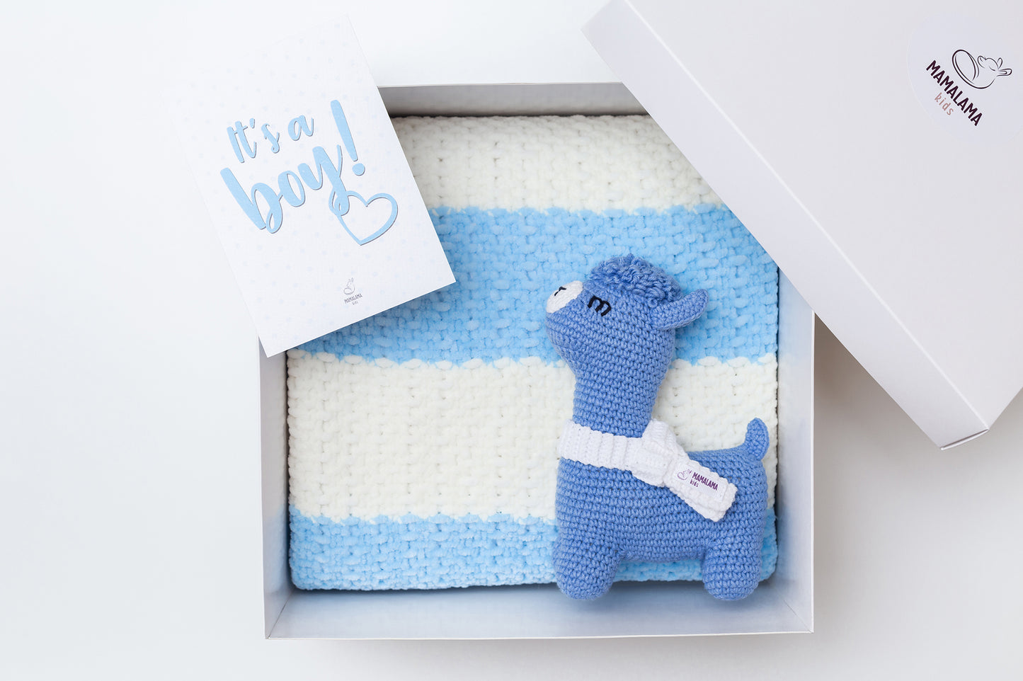 It's a boy llama booties baby gift box Blue