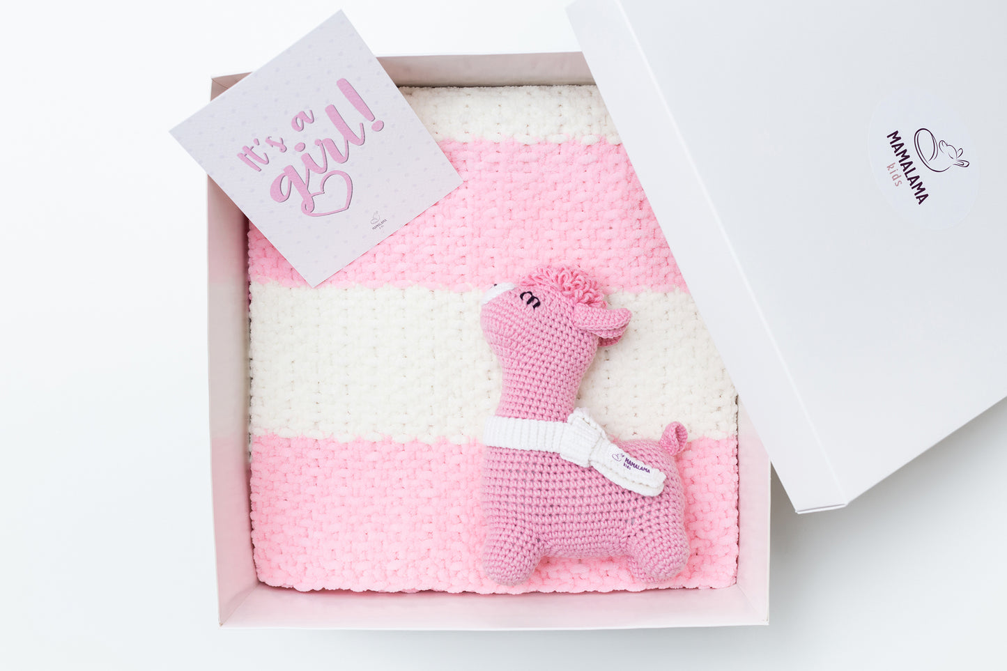 It's a girl llama booties baby gift box Pink