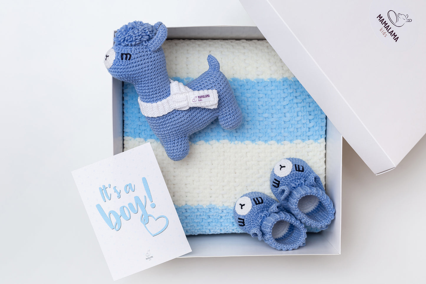 It's a boy llama booties baby gift box Blue