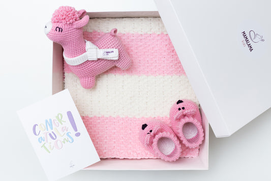 Llama toy & blanket & bunny booties gift box Pink