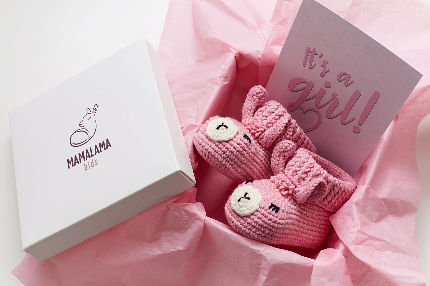 It's a girl llama booties baby gift box Pink