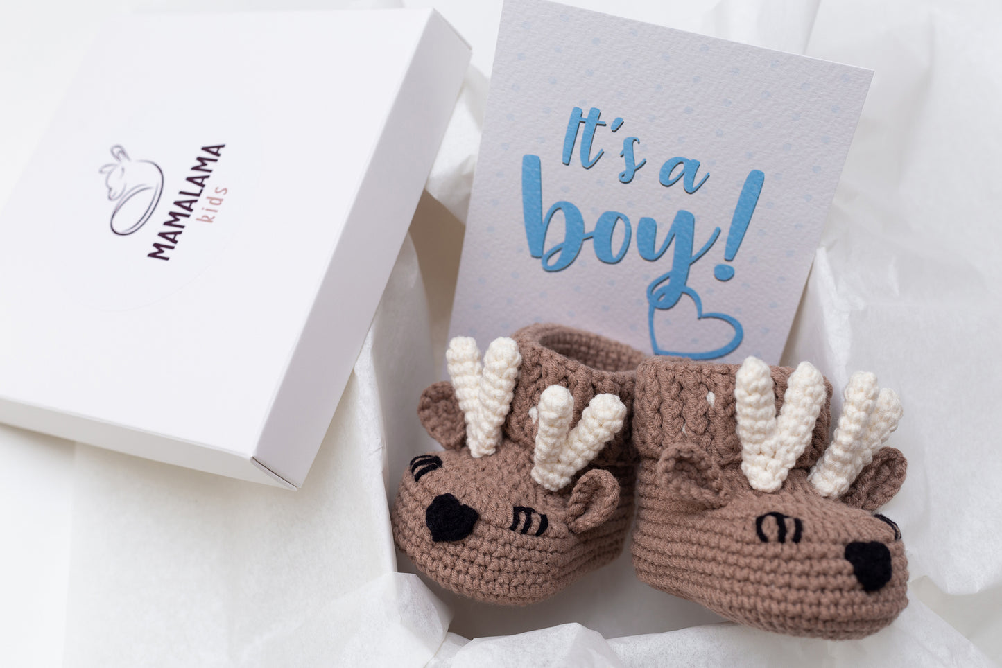 It's a boy deer booties baby gift box Brown