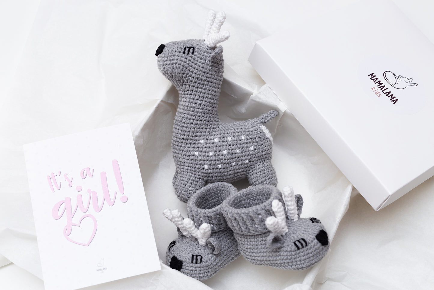 It's a girl deer booties baby gift box Gray